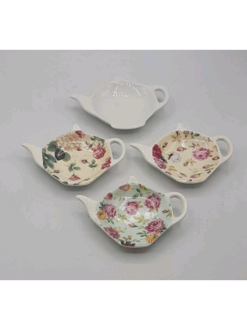 Set Of Four Decorative Tea Pot Style Tea Bag Caddy Holder Coaster Spoon Rest
